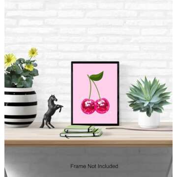 Trendy Retro Wall Art & Decor - Cherry Disco Ball Home Decor Poster - Pink Funky Living room Wall Art- Preppy Stuff Room Decor - Girls Bedroom Dorm Teen Room Decor- Indie Eclectic Wall Decor Aesthetic