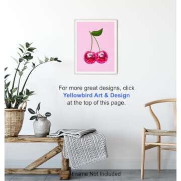 Trendy Retro Wall Art & Decor - Cherry Disco Ball Home Decor Poster - Pink Funky Living room Wall Art- Preppy Stuff Room Decor - Girls Bedroom Dorm Teen Room Decor- Indie Eclectic Wall Decor Aesthetic