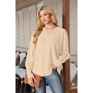 Women's Oversized Crewneck Sweaters Batwing Long Sleeve Side Slit Ribbed Knit Pullover Tops Apricot