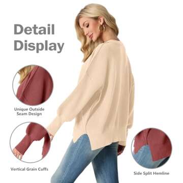 Women's Oversized Crewneck Sweaters Batwing Long Sleeve Side Slit Ribbed Knit Pullover Tops Apricot