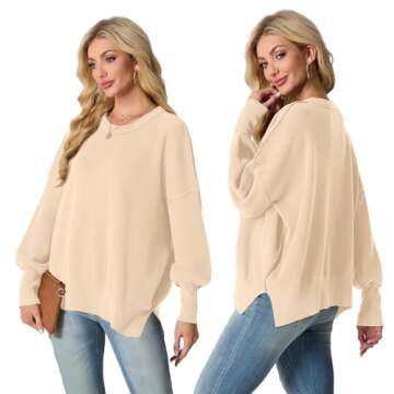 Women's Oversized Crewneck Sweaters Batwing Long Sleeve Side Slit Ribbed Knit Pullover Tops Apricot