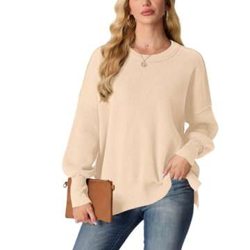 Women's Oversized Crewneck Sweaters Batwing Long Sleeve Side Slit Ribbed Knit Pullover Tops Apricot