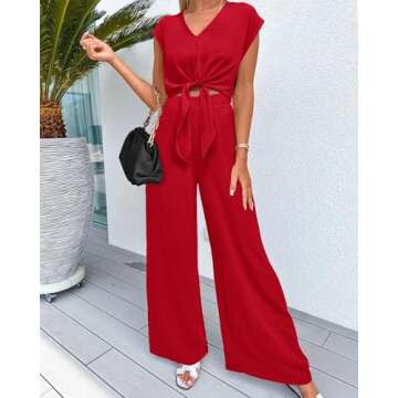 PRETTYGARDEN Women's Casual Summer Outfits 2 Piece Cute Cap Sleeve Tie Front Tops Loose Fit Pant Fashion Airport Outfit(Solid Red,Small)