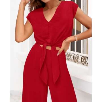 PRETTYGARDEN Women's Casual Summer Outfits 2 Piece Cute Cap Sleeve Tie Front Tops Loose Fit Pant Fashion Airport Outfit(Solid Red,Small)