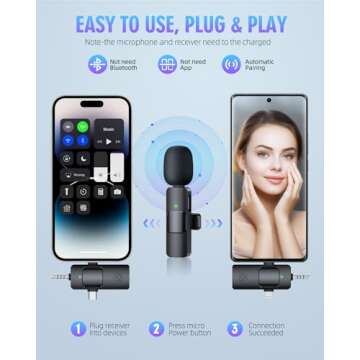 PQRQP 3 in 1 Wireless Lavalier Microphones for iPhone, iPad, Android, Camera, USB-C Microphone, 7-Hour Battery, Mini Microphone with Noise Reduction for Video Recording, Vlog, YouTube, TikTok