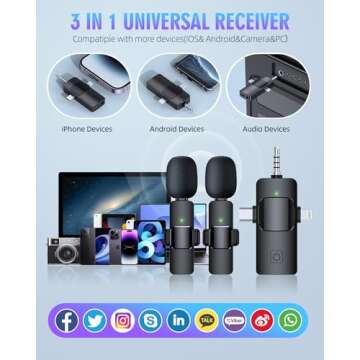 PQRQP 3 in 1 Wireless Lavalier Microphones for iPhone, iPad, Android, Camera, USB-C Microphone, 7-Hour Battery, Mini Microphone with Noise Reduction for Video Recording, Vlog, YouTube, TikTok