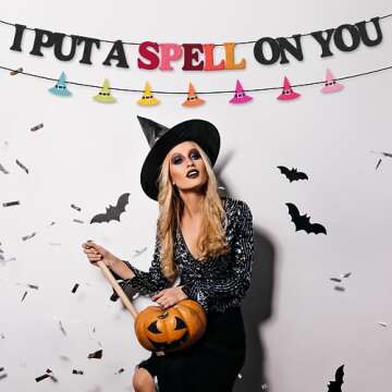 HOUSE OF PARTY I Put A Spell On You Felt Banner, 10ft Pre-Strung Hocus Pocus Banner Witch Hat Banner, Hocus Pocus Halloween Decorations, Witch Party Decorations, Halloween Witch Banner for Mantle