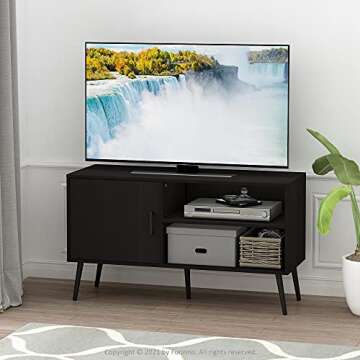 Furinno Claude Mid Century Style Stand With Wood Legs For TV Up To 55 Inches, One Cabinet Two Shelves, Espresso