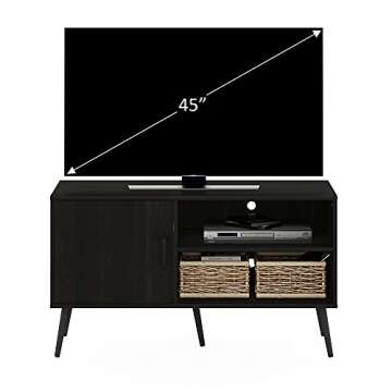 Furinno Claude Mid Century Style Stand With Wood Legs For TV Up To 55 Inches, One Cabinet Two Shelves, Espresso