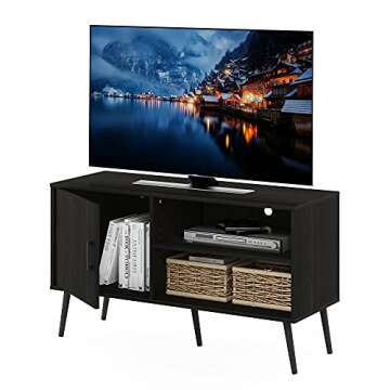 Furinno Claude Mid Century Style Stand With Wood Legs For TV Up To 55 Inches, One Cabinet Two Shelves, Espresso