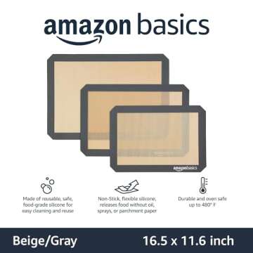 Amazon Basics Rectangular Silicone, Non-Stick, Food Safe Baking Mat, 9"x13", 9.9"x14.8", and 16.5"x11.6", Beige/Gray, Pack of 3