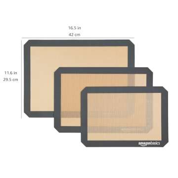 Amazon Basics Rectangular Silicone, Non-Stick, Food Safe Baking Mat, 9"x13", 9.9"x14.8", and 16.5"x11.6", Beige/Gray, Pack of 3