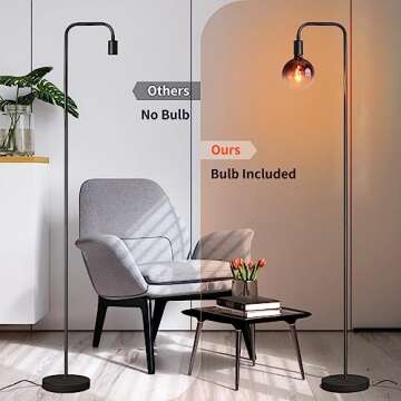 ONEWISH Floor Lamp for Living Room - Minimalist Industrial Standing Lamp with Modern LED Bulb, Globe Black Clear Glass 6", 1800K Warm Ambiant Lighting Decorative Tall Floor Lamp for Bedroom Office