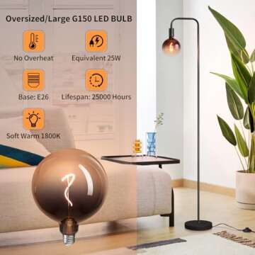 ONEWISH Floor Lamp for Living Room - Minimalist Industrial Standing Lamp with Modern LED Bulb, Globe Black Clear Glass 6", 1800K Warm Ambiant Lighting Decorative Tall Floor Lamp for Bedroom Office