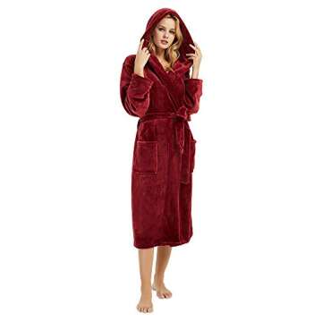 HEARTNICE Womens Hooded Fleece Robe, Soft Plush Bathrobe for Womens, Fluffy Cute Long House Coat (A-Wine Hooded, S/M)