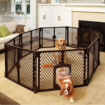 North States MyPet Petyard Passage: 6.5 Ft. Wide Customizable Folding Dog Playpen Indoor/Outdoor. Made in USA. 8-panel Puppy Playpen, Lockable Pet Door. Freestanding Play Pen Dog Gate 26" Tall, Brown