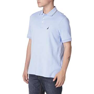 Nautica Men's Classic Fit Short Sleeve Dual Tipped Collar Polo Shirt, Noon Blue, Small