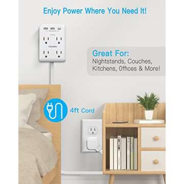 Flat Multi Plug Extender with USB Charging - 4 Outlet Surge Protector