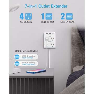 Flat Plug Multi Outlet Extender with USB Charger