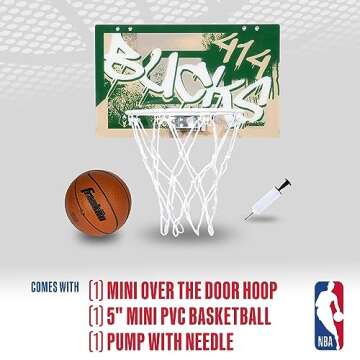 Franklin Sports NBA Milwaukee Bucks Over The Door Basketball Hoop - Kids Indoor Hoop with Mini Basketball - NBA Fan Shop Toy for Bedroom + Office - Over The Door Set