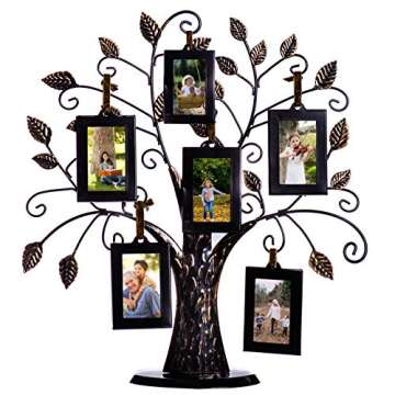 Klikel Family Tree Picture Frame Stand with 6 Hanging Photo Picture Frames - Medium Metal Tree 12 X 11 - Holds 6 Ornamental 2x3 Frames