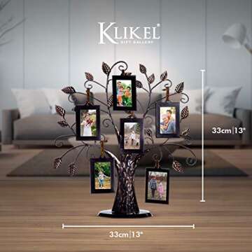 Klikel Family Tree Picture Frame Stand with 6 Hanging Photo Picture Frames - Medium Metal Tree 12 X 11 - Holds 6 Ornamental 2x3 Frames