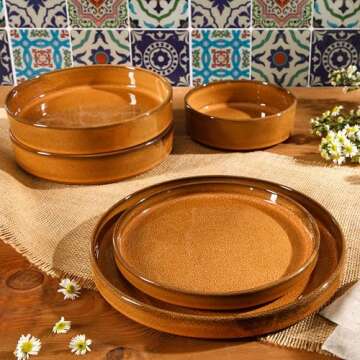 Bloomhouse - Oprah's Favorite Things - Santorini Mist Double Bowl Terracotta Reactive Glaze Plates and Bowls Dinnerware Set - Amber, Service for Four (16pcs)