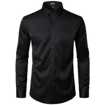 JEMITOP Men's Stretch Wrinkle Free Dress Shirts Formal Wedding Prom Long Sleeve Slim Fit Button Down Shirt Black S