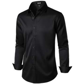 JEMITOP Men's Stretch Wrinkle Free Dress Shirts Formal Wedding Prom Long Sleeve Slim Fit Button Down Shirt Black S