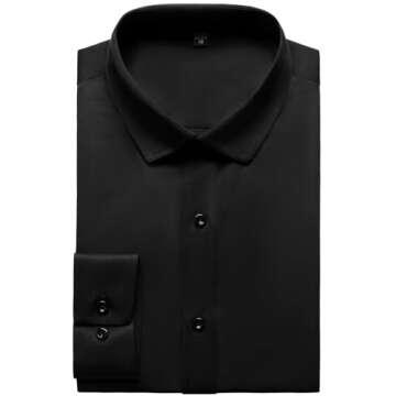 JEMITOP Men's Stretch Wrinkle Free Dress Shirts Formal Wedding Prom Long Sleeve Slim Fit Button Down Shirt Black S