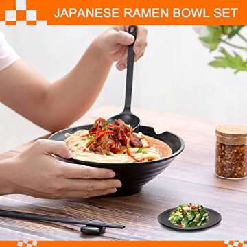 Vivimee Unbreakable Japanese Style Ramen Bowl Set of 2, 37oz Black Large Matte Melamine Bowls and Spoons Set with Chopsticks & Saucers for Pho Thai Miso Udon Soup Noodles or Asian Food