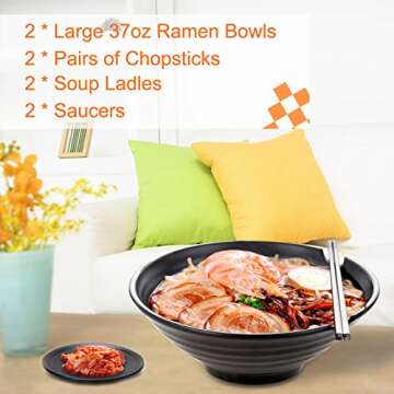 Vivimee Unbreakable Japanese Style Ramen Bowl Set of 2, 37oz Black Large Matte Melamine Bowls and Spoons Set with Chopsticks & Saucers for Pho Thai Miso Udon Soup Noodles or Asian Food