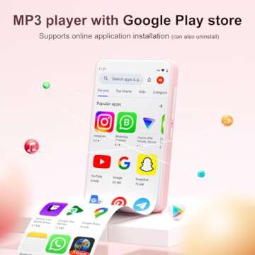 80GB MP3 Player with Bluetooth and WiFi, Android Player with Speaker Mp3 & Mp4 Music Player with Spotify, Amazon Music, Browser, Deezer, 4.0" Touch Screen, Download Music,Up to 512GB(Pink)