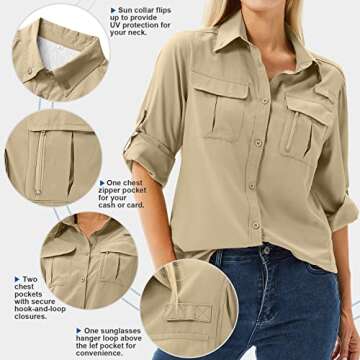 Toumett Women's UPF 50 Long Sleeve UV Sun Protection Safari Shirts Outdoor Quick Dry Fishing Hiking Travel Shirts(5071,Khaki,M)