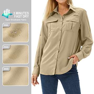 Toumett Women's UPF 50 Long Sleeve UV Sun Protection Safari Shirts Outdoor Quick Dry Fishing Hiking Travel Shirts(5071,Khaki,M)