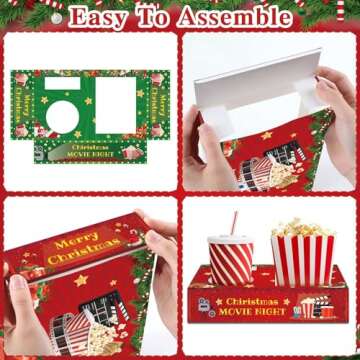 QOUBAI 32Pcs Christmas Party Supplies Movie Night Paper Snacks Boxes Christmas Movie Theater Snack Tray Party Decorations Movie Popcorn Drink Holder Set for Xmas Theme Cinema Birthday Holiday Party