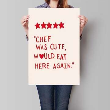 pedkvtmewo Cute Kitchen Canvas Wall Art, Minimalist Heart Stars Aesthetic Poster, Funny Red Kitchen Quotes Decor Chef Was Cute Print, Chef Signs Decoration Trendy Cooking Art 12x16in Unframed