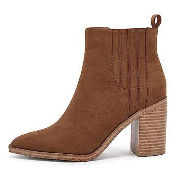 Womens Leather Ankle Boots Chunky Block Mid Heel Pointed Toe Slip on Side Elastic Panel Casual Western Booties