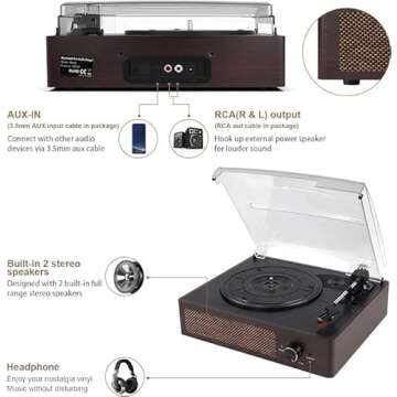 Vinyl Record Player Turntable with Built-in Bluetooth Receiver & 2 Stereo Speakers, 3 Speed 3 Size Portable Retro Record Player for Entertainment and Home Decoration