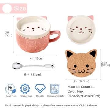 BigNoseDeer Cute Cat Mug Kawaii Tea Cup Pink Ceramic Coffee Mug with lid,Tea Cups and Saucers Cute Cool Preppy Stuff Cute Gifts Cat Gifts for women Cat Lovers Christmas Gifts 10oz