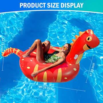 Pomeat Giant Inflatable Dinosaur Pool Float, 95'' Fun Pool Floaties for Kids and Adults, Dinosaur floatie Ride-On Pool Raft Lounge, Summer Pool Toys for Party, Beach, Swimming