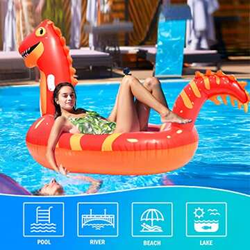 Pomeat Giant Inflatable Dinosaur Pool Float, 95'' Fun Pool Floaties for Kids and Adults, Dinosaur floatie Ride-On Pool Raft Lounge, Summer Pool Toys for Party, Beach, Swimming