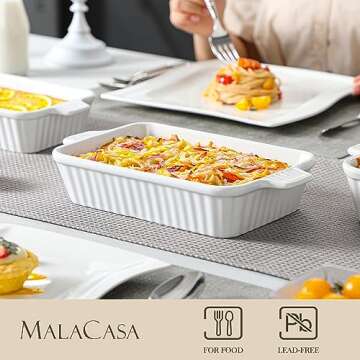 MALACASA Casserole Dishes for Oven, Porcelain Baking Dishes, Ceramic Bakeware Sets of 4, Rectangular Lasagna Pans Deep with Handles for Baking Cake Kitchen, White (9.4"/11.1"/12.2"/14.7"), Series