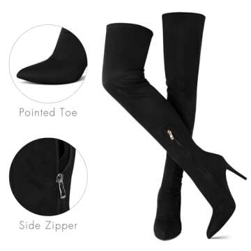 Jiu du Black Thigh High Boots Pointed Toe Suede Black High Heel Boots Women's Over The Knee High Boots Size 8.5