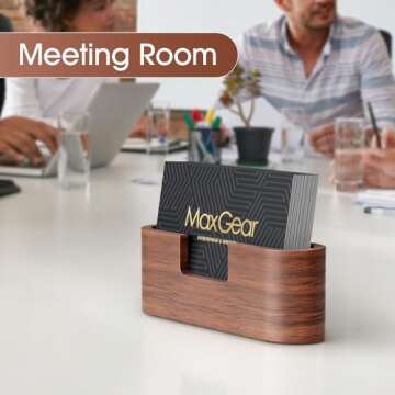 MaxGear Walnut Wood Business Card Holder for Desk, Elegant Wooden Display Stand, Rounded Office Card Organizer, Professional Desktop Stand for Business Cards