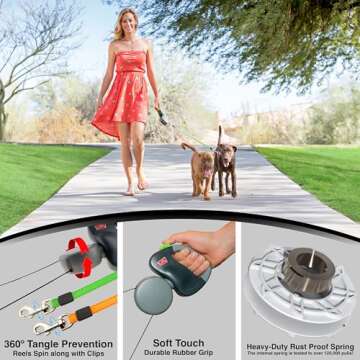 WIGZI Reflective Retractable Leash for Two Dogs