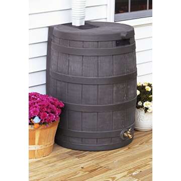 Good Ideas Rain Wizard 50 Gallon Plastic Rain Barrel for Outdoor Rainwater Collection and Storage Features a Metal Spigot and Flat Back Design, Oak