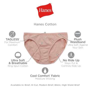 Hanes Women's Panties Pack, 100% Cotton Underwear, Moisture-Wicking Underwear, Ultra-Soft and Breathable Briefs, Tagless Multipack, 6