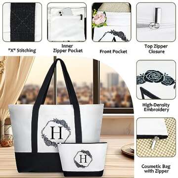 AUNOOL Monogram Tote Bags for Women - Canvas Bag and Makeup Bag Personalized Gifts for Women Bridesmaids Gift Bags Unique Embroidery Gifts Ideas for Birthday Valentine's Day Mother's Day Anniversary O