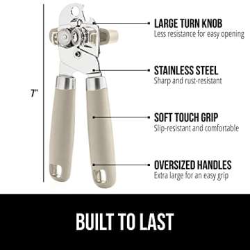 The Original Gorilla Grip Heavy Duty Stainless Steel Smooth Edge Manual Can Opener and Bottle Openers, Soft Handle, Rust Proof Oversized Handheld Easy Turn Knob, Multifunctional Kitchen Tool, Almond